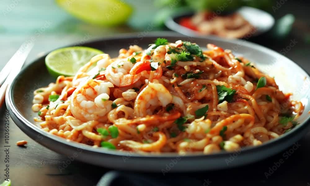 Shrimp noodles garnished with lime and herbs on a plate.