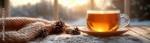 Cozy winter scene with a steaming mug of tea, Seasonal, Comfort