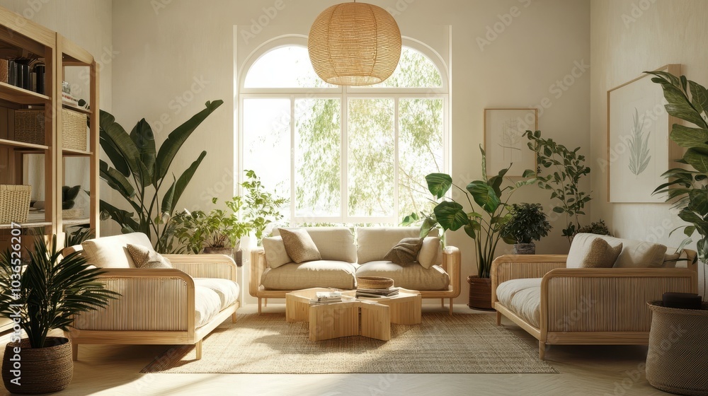 Fototapeta premium Cozy Modern Living Room with Green Plants and Natural Light