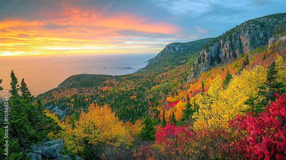 A panoramic view of a vibrant autumn landscape with colorful trees and mountains A panoramic view of a vibrant autumn landscape with colorful trees and mountains