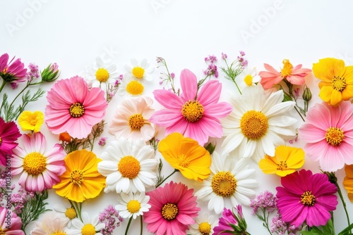 Colorful Flowers Arranged in a Row on a White Background