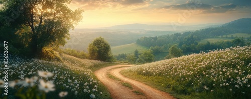Serene countryside with a winding dirt road and blooming flowers, Nature, Peace