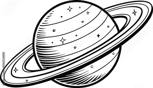 Black and White Saturn Engraving Detailed Planet Illustration on White Background.