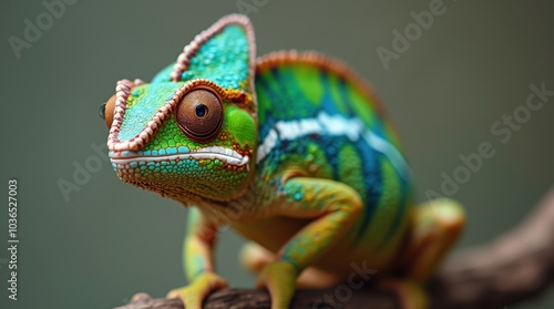 A close-up shot of a vibrant chameleon perched on a tree branch against a neutral background