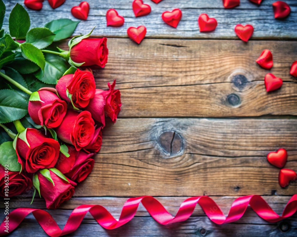 Valentine`s Day Holiday Red Roses Flower Border Over Wood Background With Copy Space Valentine`s Day Holiday Red Roses Flower Border Over Wood Background With Copy Space