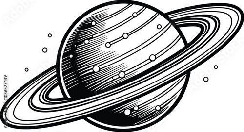 Black and White Saturn Engraving Detailed Planet Illustration on White Background.