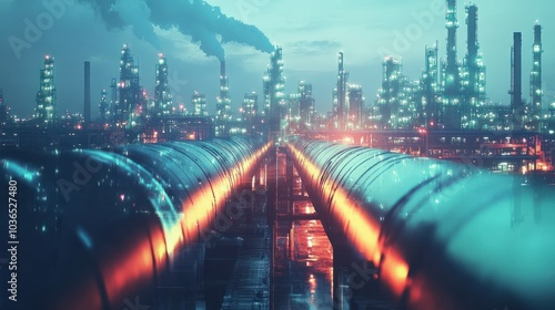 Double exposure of oil refinery and pipelines with a technology concept. Industrial and innovation theme. photo