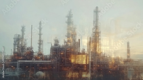 Double exposure of oil refinery and pipelines with a technology concept. Industrial and innovation theme.