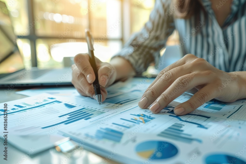 Close-up of a Person's Hands Analyzing Financial Data with a Pen Close-up of a Person's Hands Analyzing Financial Data with a Pen
