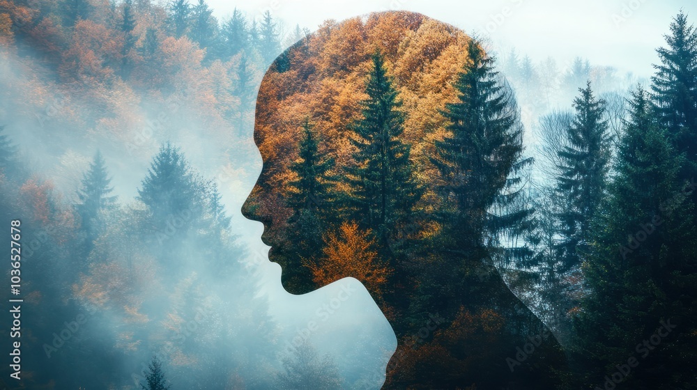 Double exposure portrait blending a human profile with a forest, symbolizing connection with nature. Human Mindfulness and Nature Connection Double exposure portrait blending a human profile with a forest, symbolizing connection with nature. Human Mindfulness and Nature Connection