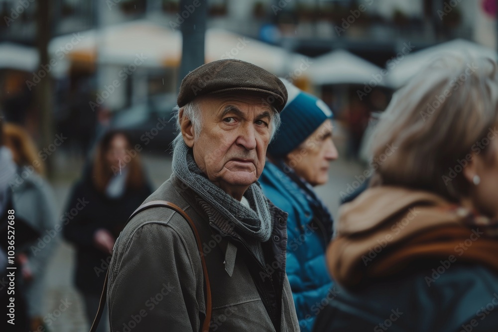 Portrait of an elderly man on the street. People on the background. Portrait of an elderly man on the street. People on the background.