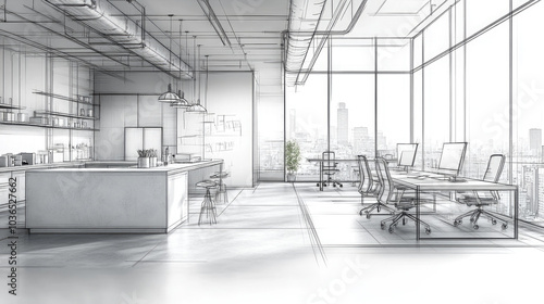 A modern office with line drawings.