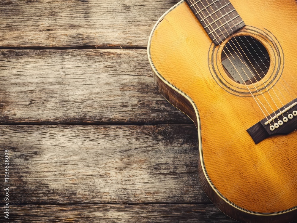 Fototapeta premium Exploring the Melodic Beauty of Acoustic Guitars on Rustic Wooden Surfaces