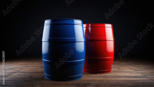 Red and blue barrel mockup for industrial branding. Ideal for showcasing logos or labels on realistic barrels with detailed textures. Perfect for presentations of oil, or fuel storage products photo