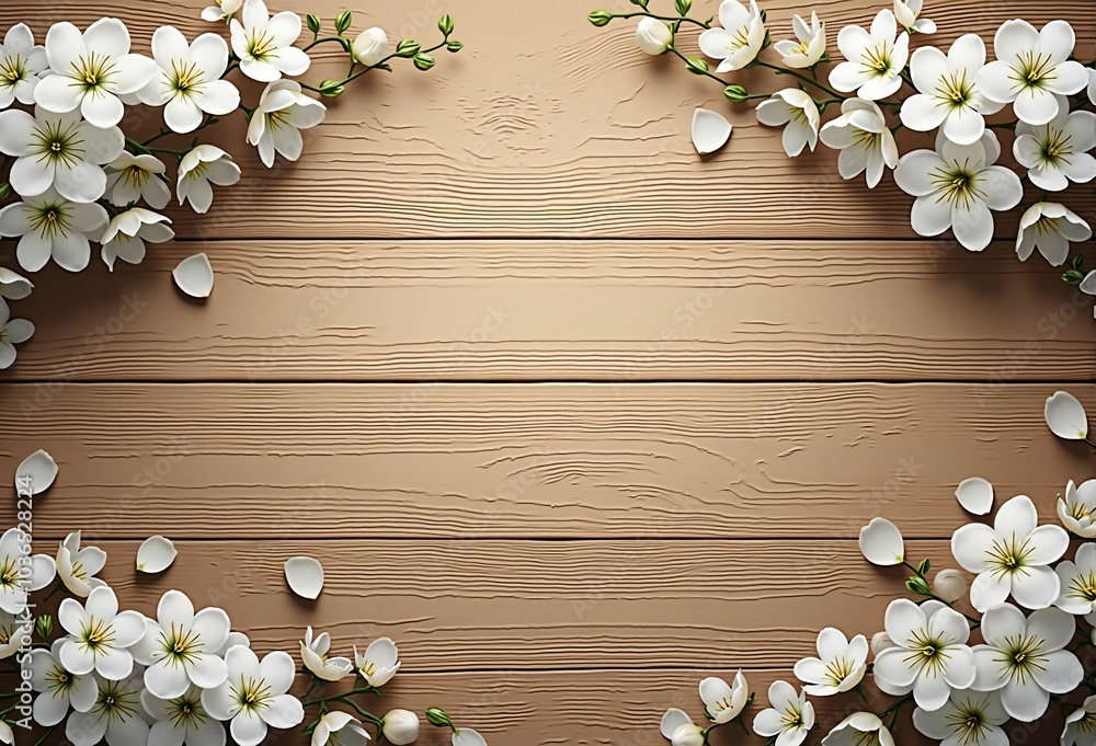 Beautiful Spring Scene with White Cherry Blossoms and Wooden Texture Background Beautiful Spring Scene with White Cherry Blossoms and Wooden Texture Background