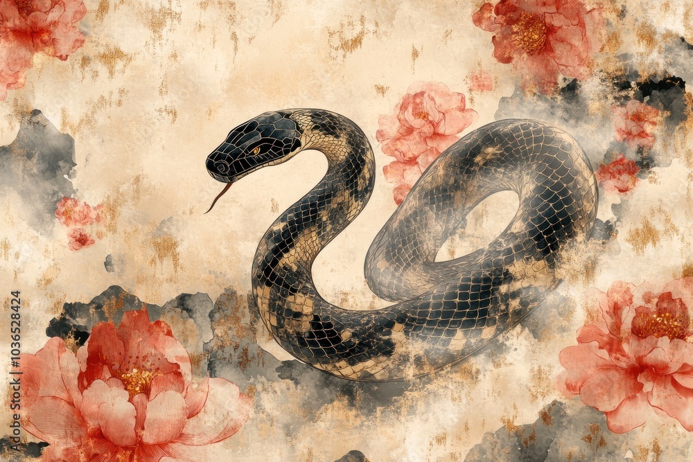 A Black and Gold Snake Surrounded by Pink Watercolor Flowers on a Beige Background A Black and Gold Snake Surrounded by Pink Watercolor Flowers on a Beige Background