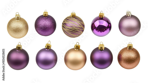 Colorful Christmas ornaments in various shades of purple, gold, and pink, showcasing different textures and designs. Perfect for festive decorations and holiday cheer