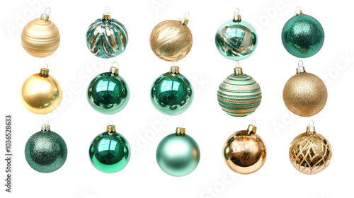 Elegant collection of Christmas ornaments featuring gold, green, and teal colors. These decorative baubles showcase various textures and finishes, perfect for festive celebrations