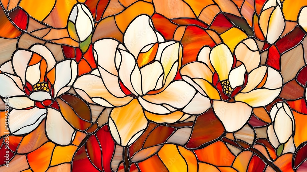 Abstract Stained Glass Magnolia Flowers in Warm Colors Abstract Stained Glass Magnolia Flowers in Warm Colors