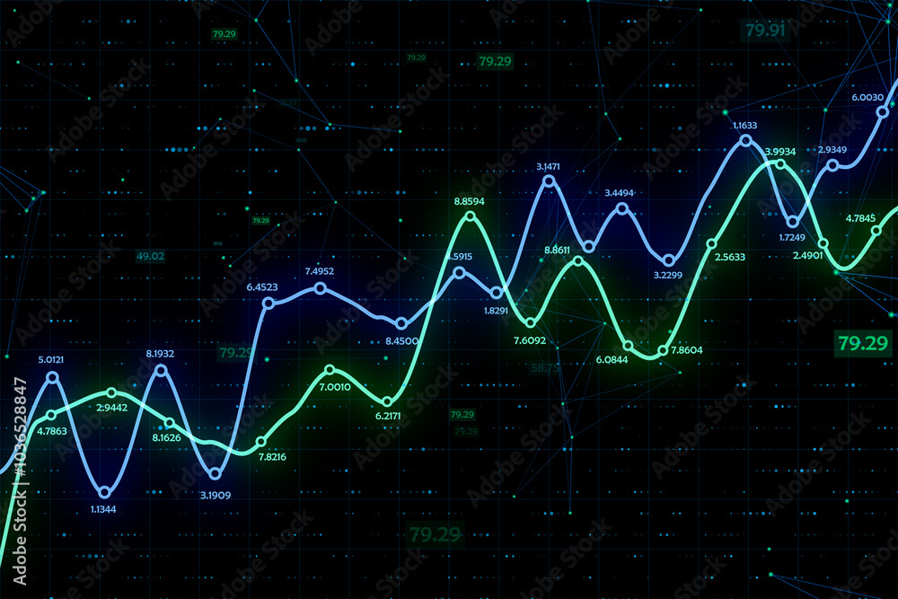 Financial investing and economy trends concept with digital trading chart diagrams and graphs with big data numbers on background. 3D rendering Financial investing and economy trends concept with digital trading chart diagrams and graphs with big data numbers on background. 3D rendering