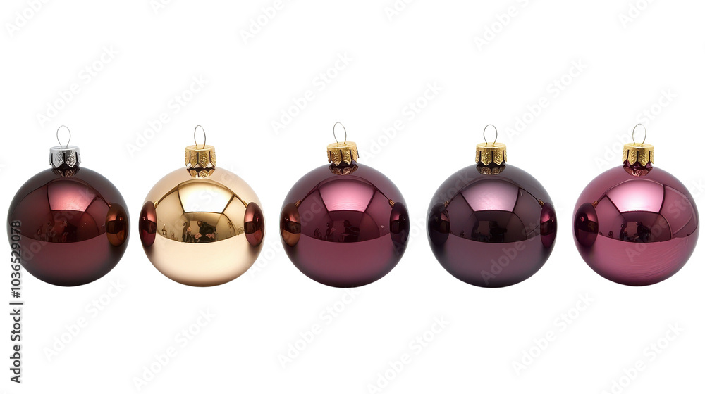 Shiny Christmas ornaments in various shades of burgundy, gold, and maroon create festive display. Their reflective surfaces add touch of elegance to holiday decorations Shiny Christmas ornaments in various shades of burgundy, gold, and maroon create festive display. Their reflective surfaces add touch of elegance to holiday decorations