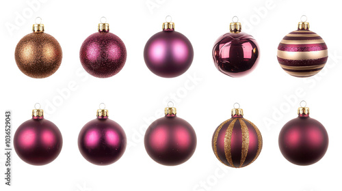 Shiny decorative Christmas ornaments in various shades of purple and gold, perfect for festive holiday decor. These beautiful baubles add touch of elegance to any tree