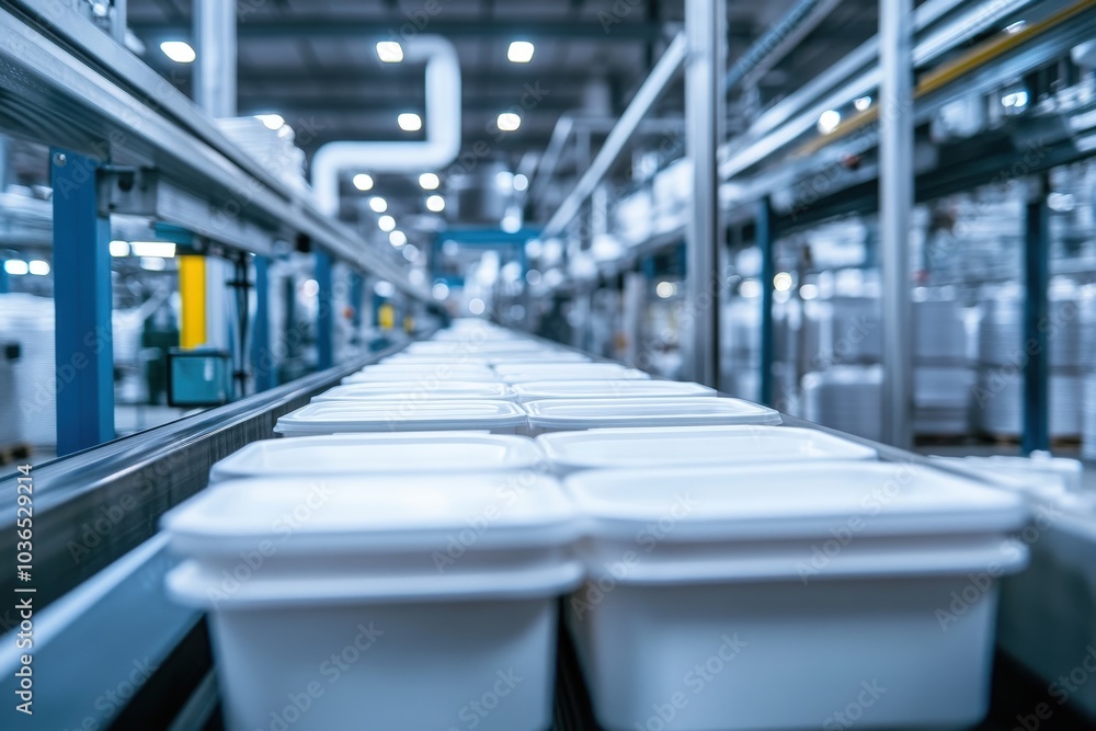 Fototapeta premium White Plastic Containers Moving on Conveyor Belt in Factory