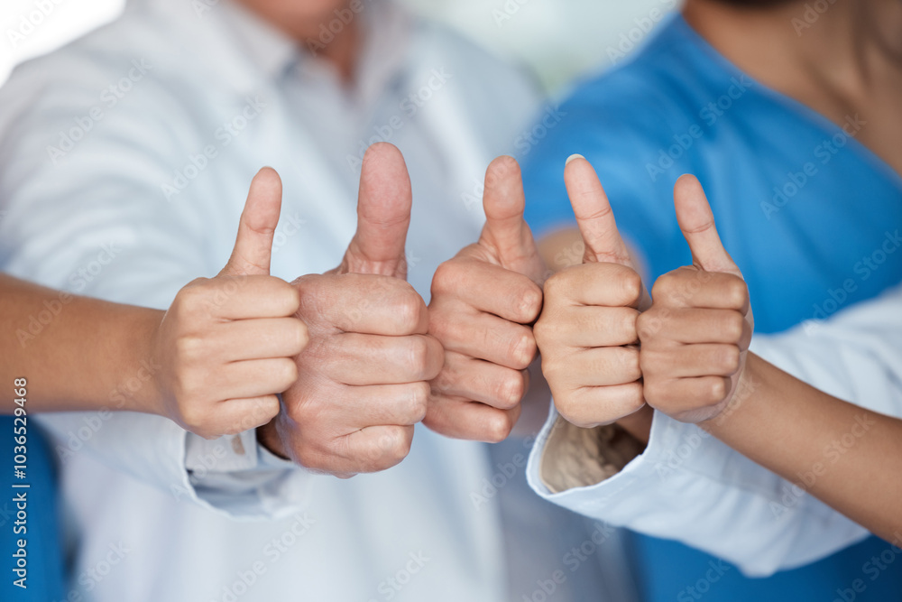 Hospital, team and hands of people with thumbs up for medical service, feedback and agreement. Doctor, nurse and group with gesture of support at clinic for healthcare review, solidarity and approval Hospital, team and hands of people with thumbs up for medical service, feedback and agreement. Doctor, nurse and group with gesture of support at clinic for healthcare review, solidarity and approval