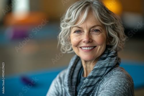 Senior woman smiling at the camera on a yoga mat, Generative AI