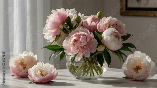 a lush bouquet of peonies in varying shades of soft pink sits gracefully inside a clear glass vase resting on a pristine white table.