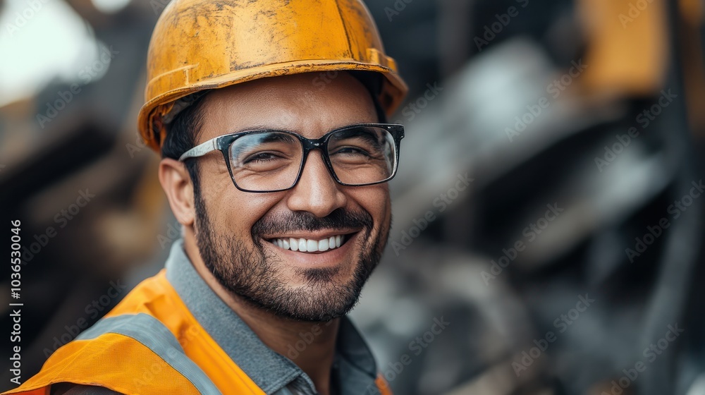 Generative AI image of a smiling construction worker with glasses Generative AI image of a smiling construction worker with glasses