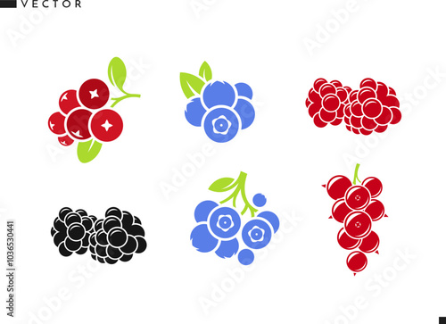 Fresh berries with leaves vector. Isolated raspberry blackberry blueberry and cranberry berry.  Organic fruit icon 