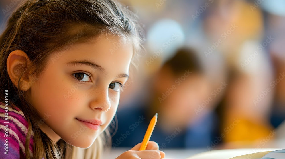 Young girl with brown hair holding a pencil, looking to the side Young girl with brown hair holding a pencil, looking to the side