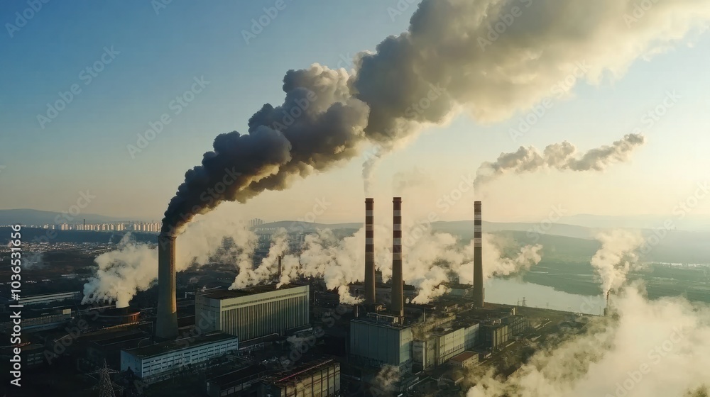 high altitude view of power plant with smoke and pollution high altitude view of power plant with smoke and pollution
