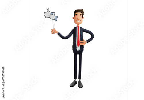 businessman holding like in hand and smiling. 3d character of man holding likes in hand