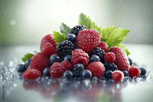 Fresh Berries with Green Leaves on Smooth Background