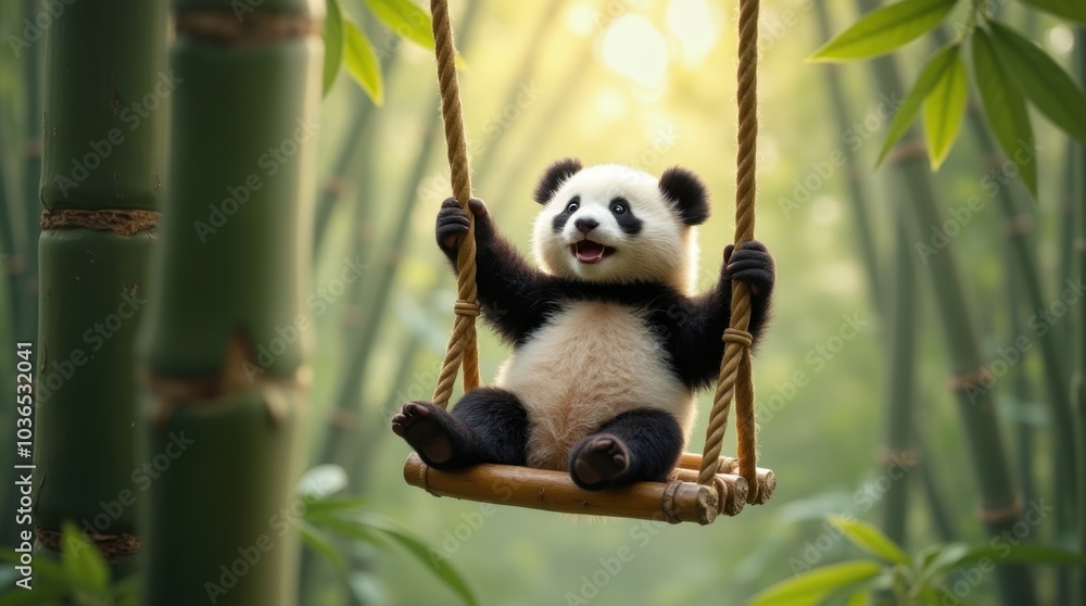Obraz premium A baby panda is sitting on a wooden swing hanging from a large bamboo tree.