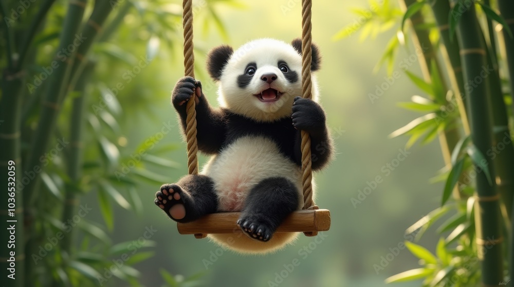 Obraz premium A baby panda is sitting on a wooden swing hanging from a large bamboo tree.