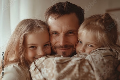 Obraz na płótnie Military dad reuniting with his family at home, Generative AI w salonie