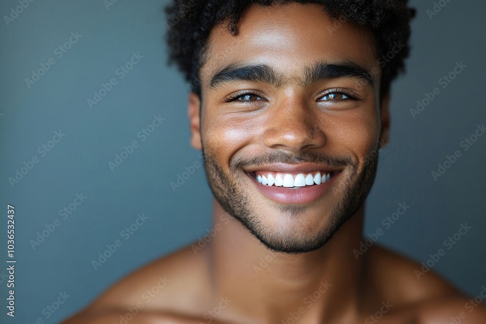 Obraz premium Young man smiling as he shows his beautiful radiant skin in a studio, Generative AI