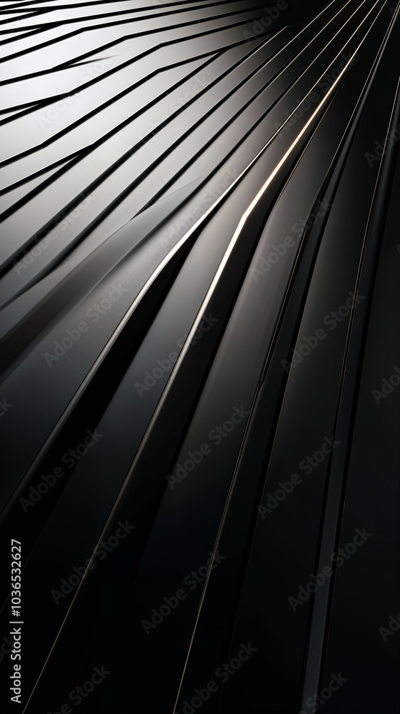 Obraz premium Closeup of black metallic panels with diagonal ridges and subtle highlights. Minimalist and abstract photography style. Industrial or modern design concept. For background, poster or wall art