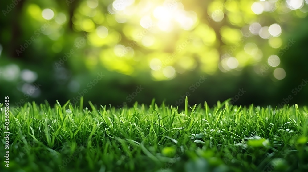Obraz premium Close up of Vibrant Green Grass with Blurred Garden Backdrop