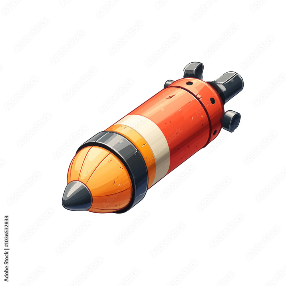 Cartoon-style torpedo illustration. A stylized, orange torpedo with a pointed nose and fins is depicted in a playful, cartoonish style. It features a rusty texture and a white and black stripe around Cartoon-style torpedo illustration. A stylized, orange torpedo with a pointed nose and fins is depicted in a playful, cartoonish style. It features a rusty texture and a white and black stripe around