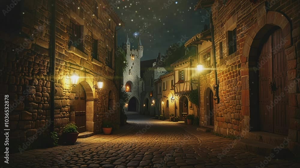 Explore the quiet medieval village at night, where the cobbled alleys are lit by warm street lights, and a castle looms in the background, creating an enchanting atmosphere.Seamless 4k time lapse virt Explore the quiet medieval village at night, where the cobbled alleys are lit by warm street lights, and a castle looms in the background, creating an enchanting atmosphere.Seamless 4k time lapse virt