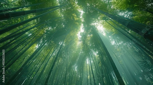 Sunlight beams through a dense bamboo forest, creating a mystical and serene atmosphere.