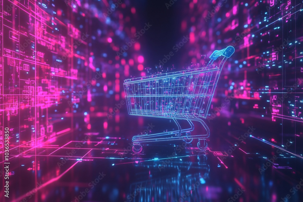 Glowing Digital Shopping Cart in Futuristic Environment Glowing Digital Shopping Cart in Futuristic Environment
