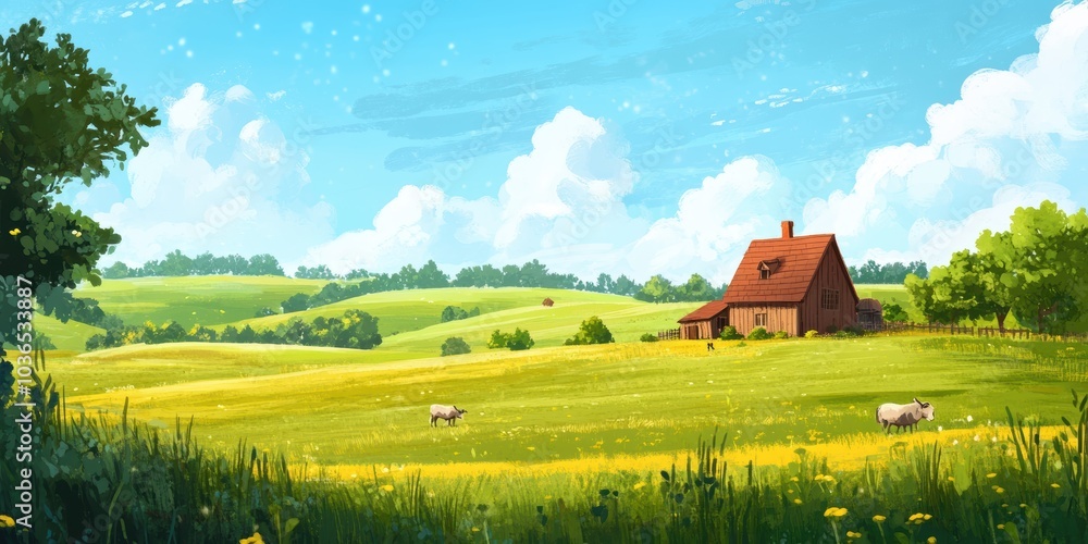 Farmhouse with sheep in grassy field under blue sky. Farmhouse with sheep in grassy field under blue sky.
