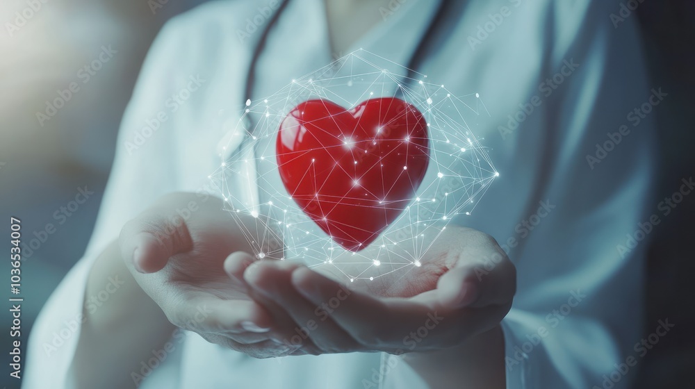 Medicine doctor holding red heart shape in hand with medical icon network connection modern virtual screen interface, Medical technology network concept Medicine doctor holding red heart shape in hand with medical icon network connection modern virtual screen interface, Medical technology network concept