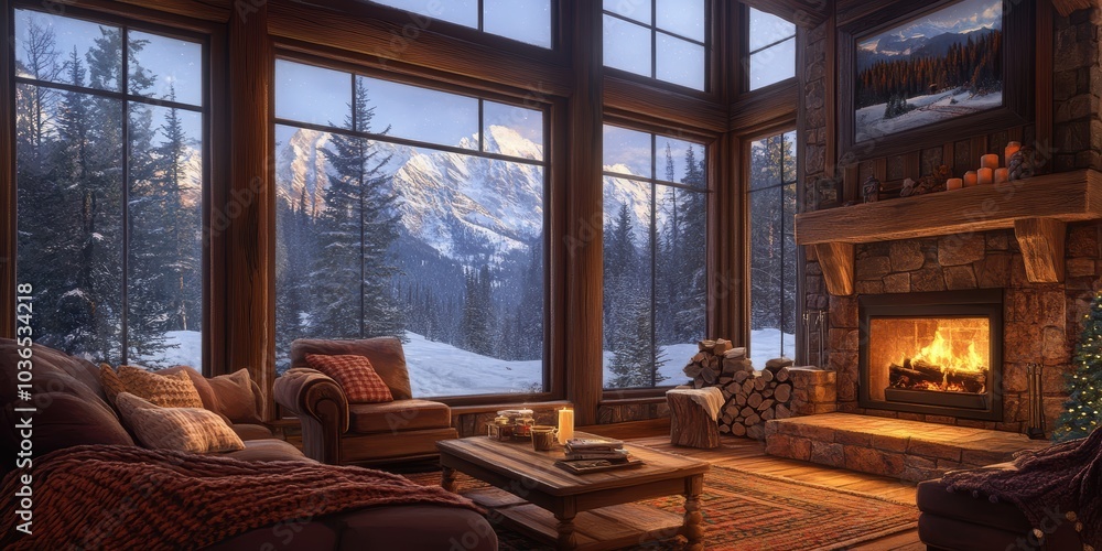 Cozy cabin with fireplace and snowy mountain view. Cozy cabin with fireplace and snowy mountain view.