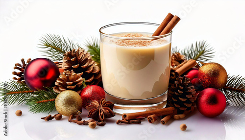 Delightful holiday eggnog a festive drink surrounded by pine cones and ornaments, Isolate white background. photo